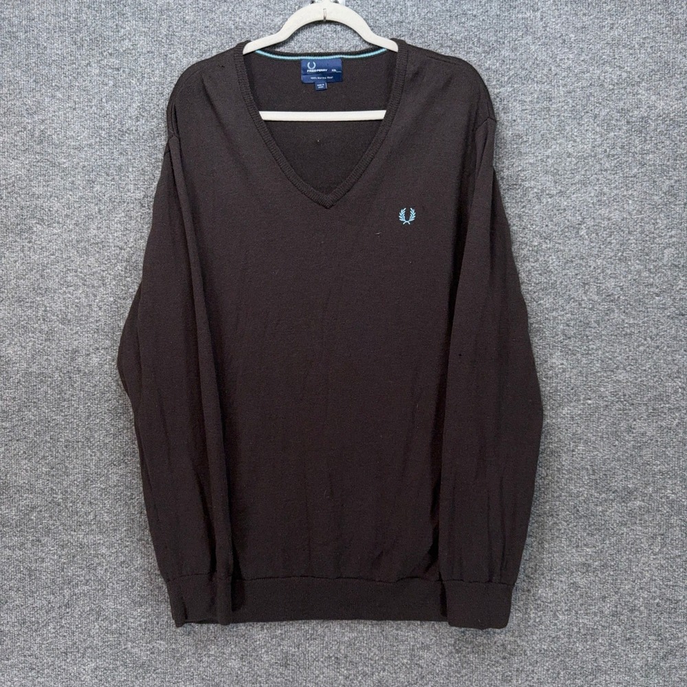 Fred Perry Sweater Mens XXL Brown Merino Wool V-Neck Laurel Wreath Pullover